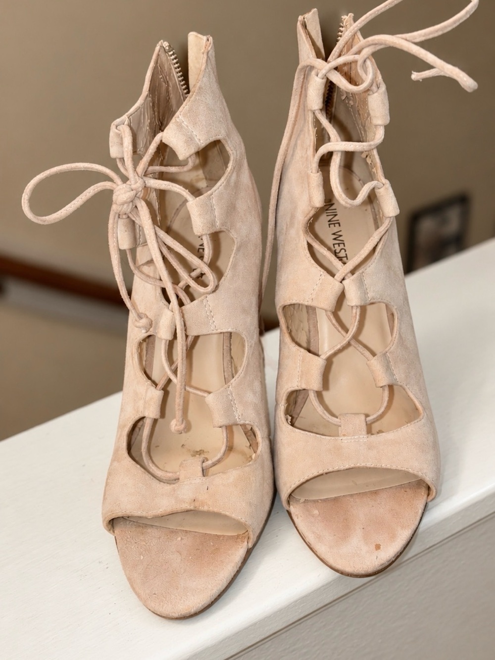 Nine West Blush Suede Lace-Up Cutout Peep-Toe Heels